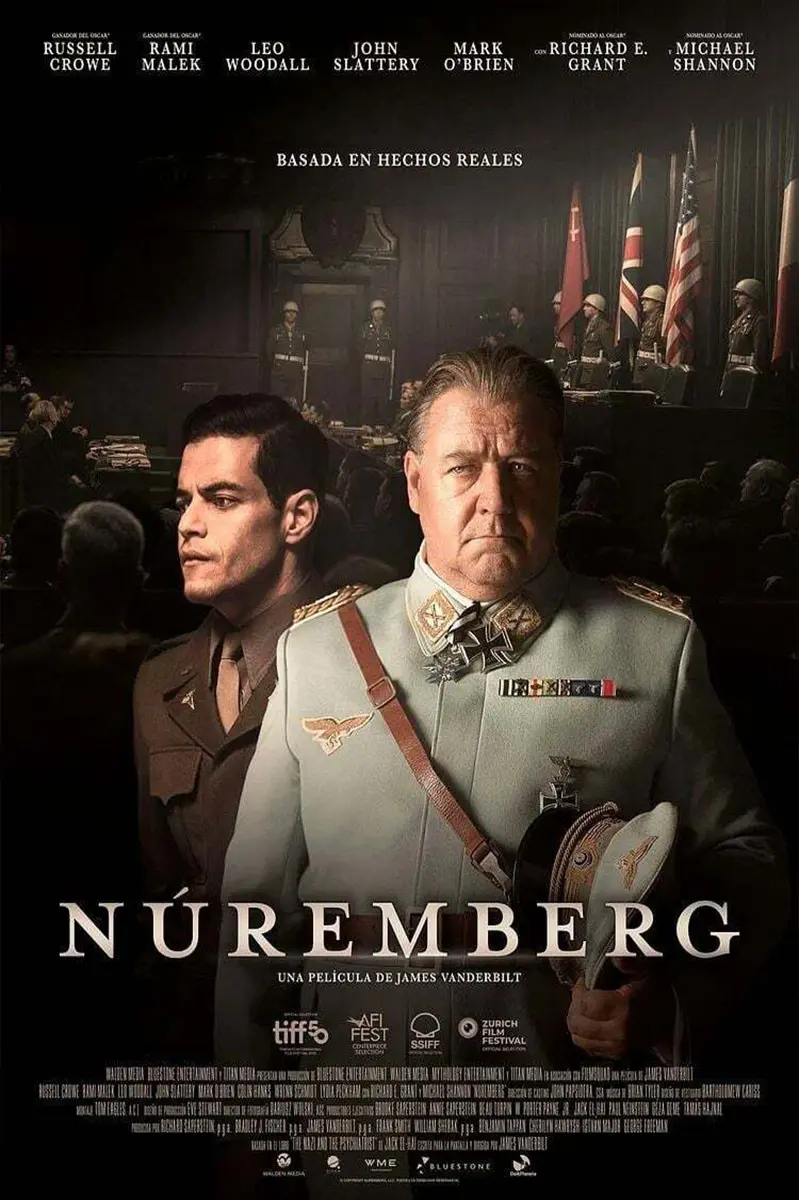 Plakat dramatu historycznego Nuremberg z Russellem Crowe i Ramim Malkiem, polecany w aplikacji iptv smarters pro